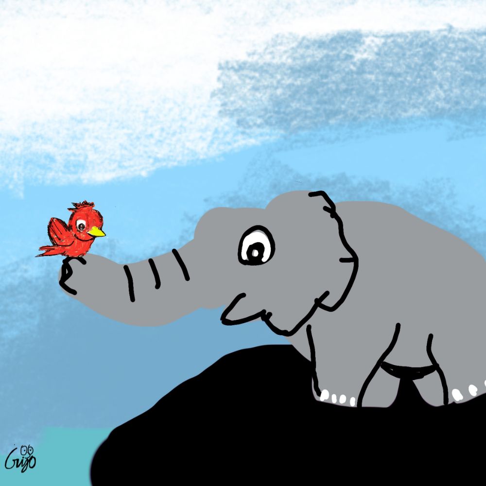 elephant on a rock with a bird