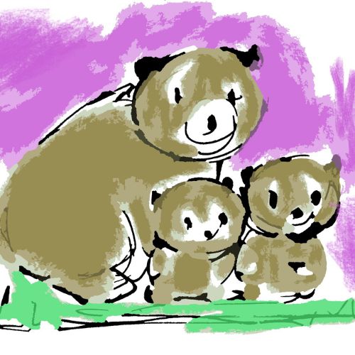 "A charming digital illustration of a bear family, featuring a large brown mother bear protectively framing her two smiling cubs against a textured purple background.