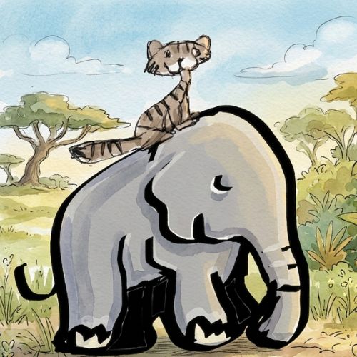 illustration of a tiger sitting on a wild elephant cartoon.