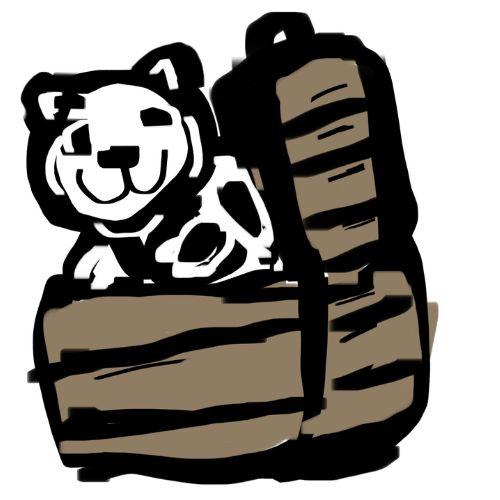 A black and brown stylized ink drawing of a playful cat sitting inside an open backpack, peeking its head out with a smile.