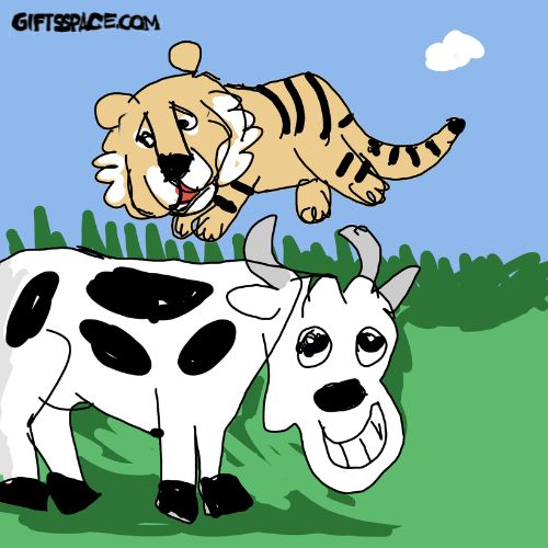 a tiger jumping over the cow
