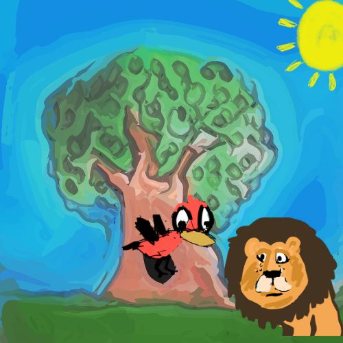 A vibrant digital illustration of a lion with a thick brown mane and a sad expression sitting beside a large, leafy green tree. A small red bird is perched at the entrance of a tree hollow, looking down toward the lion under a bright yellow sun in a