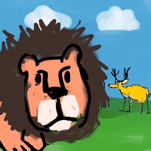 A digital illustration of a large lion with a dark brown, spiky mane in the foreground, looking sad or weary. In the background, a small yellow deer with black antlers stands on a green grassy hill under a bright blue sky with white clouds.