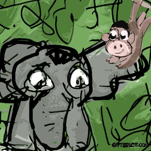 baby elephant being consoled by the monkey on the treetop illustration for children