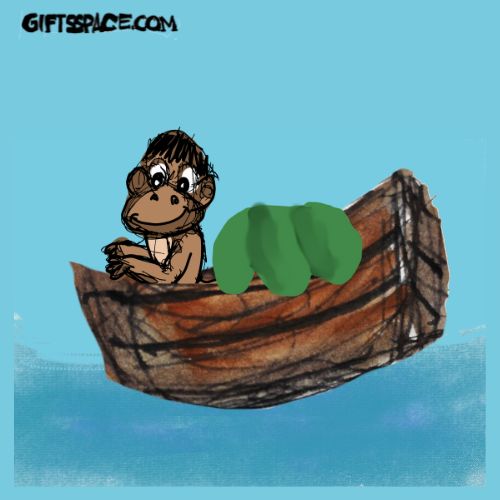 a monkey in a boat full of coconuts