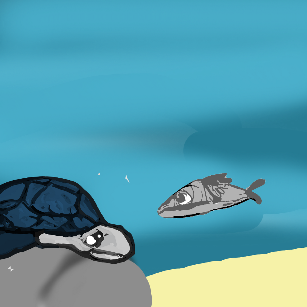 sad turtle mother and a fish under the sea