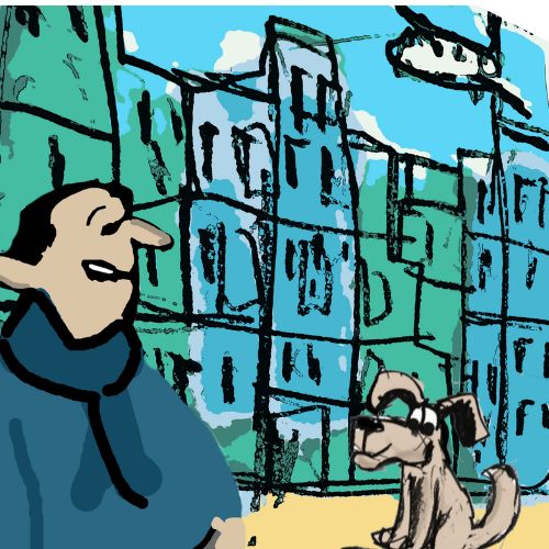 street dog greets a man illustration