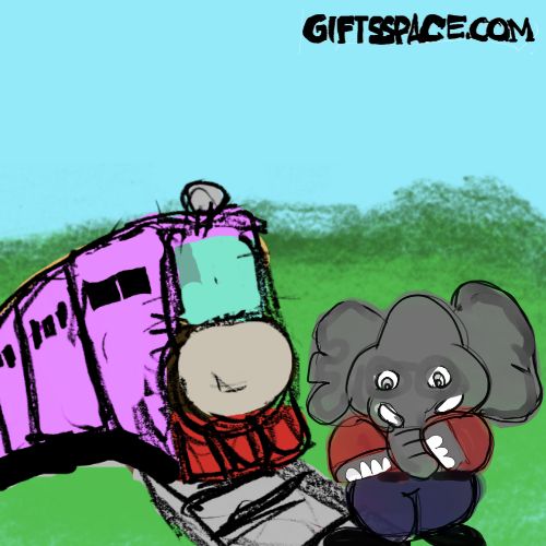 the elephant train conductor standing before the purple train before the train starts