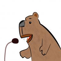 bear is talking over a microphone