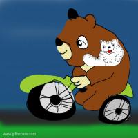 bear and the cat on their bicycle