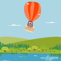 dog flying in hot air balloon