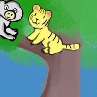 tiger cub on the tree with a monkey