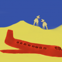 two camels looking at an abandoned airplane