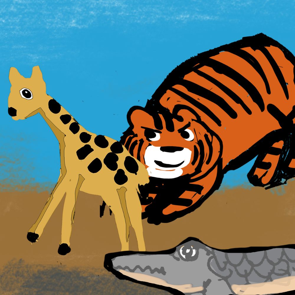 tiger and the crocodile fighting over a deer