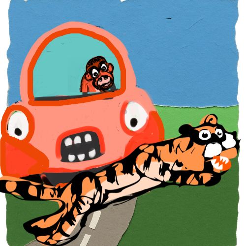 a monkey driving a red car while a tiger is jumping across the road illustration