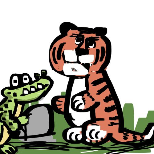 A simple digital illustration of an angry tiger standing upright beside a small green crocodile.