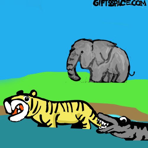 A cartoon illustration of a dramatic scene at a river. A yellow and black tiger is partially submerged in blue water, looking distressed as a gray crocodile with sharp teeth grips its tail.