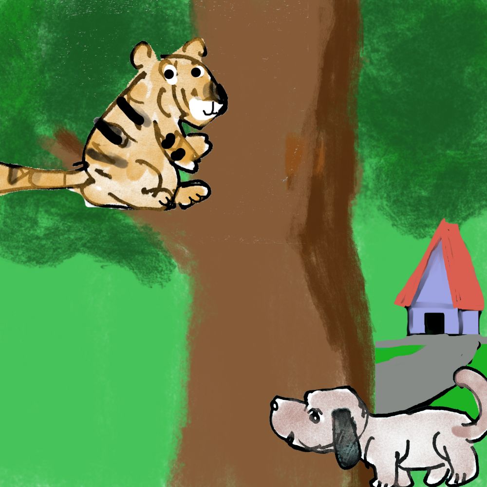 tiger on a tree and the dog standing down the tree