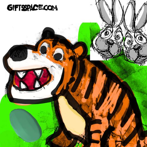 a tiger sitting two bunnies looking at him.