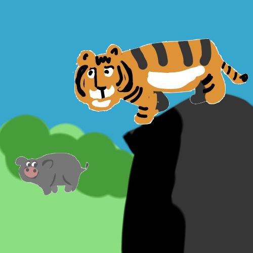 tiger on the cliff watching a wild pig