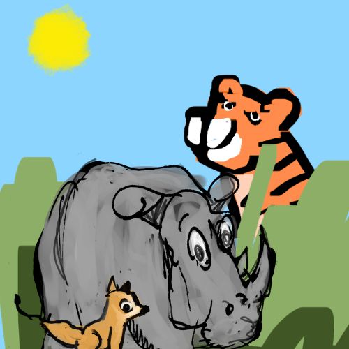 A clever fox leading a giant grey rhinoceros through tall green grass toward a surprised tiger hiding in the bushes.