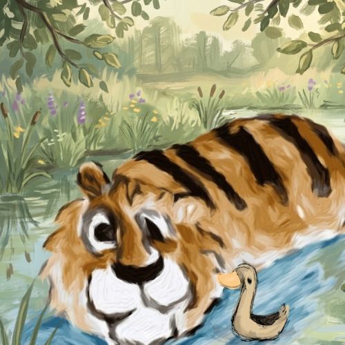 Picture of a tiger swimming and a duck