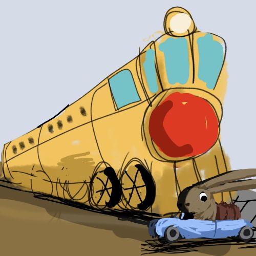 a bunny driving a blue sporty car just crossed a yellow train illustration for kids