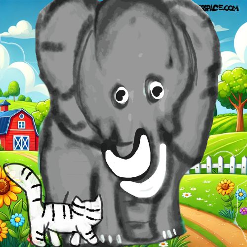 cat and the elephant on a countryside illustration for kids