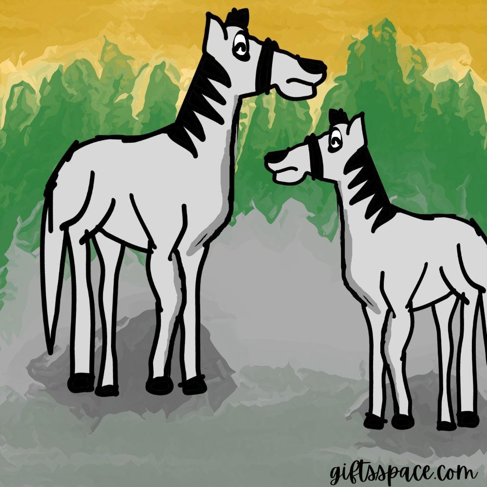 cartoon of two horses standing on a rock in the river