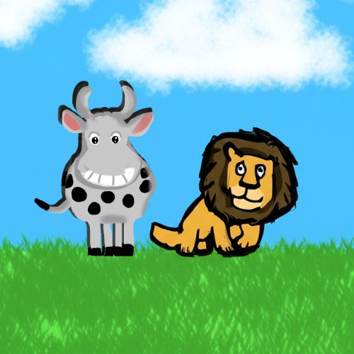 lion and cow in the meadows