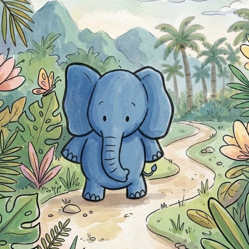 illustration of a blue elephant walking down the trail