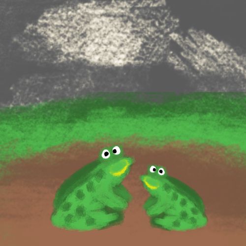 Two cute, green hand-drawn cartoon frogs with big round eyes and dark green spots sitting together on brown dirt. A textured dark grey raincloud hangs in the sky above them over a soft green grass hill.