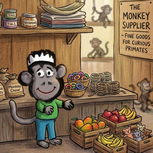 illustration of a monkey shop keeper