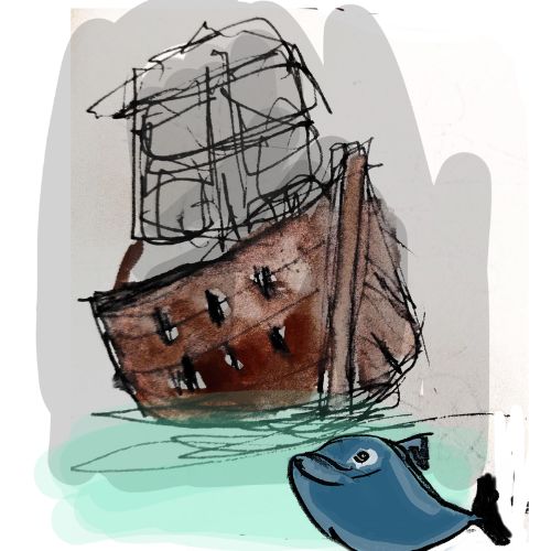illustration of a wooden ship and a ship