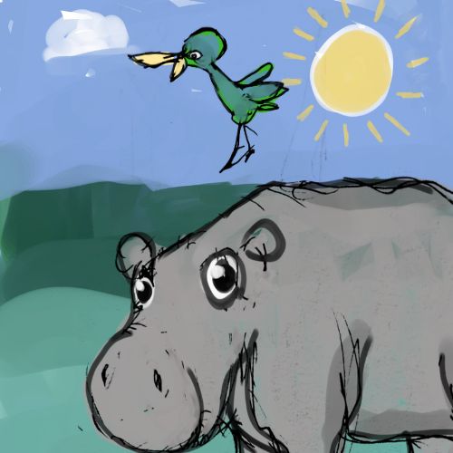 bird landing on the top of a hippo cartoon