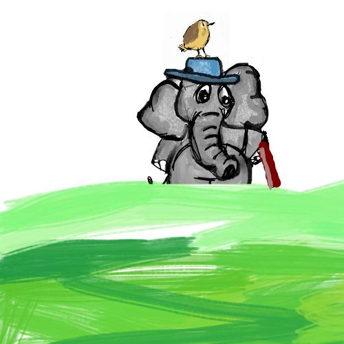 elephant walking the bird is sitting on his hat