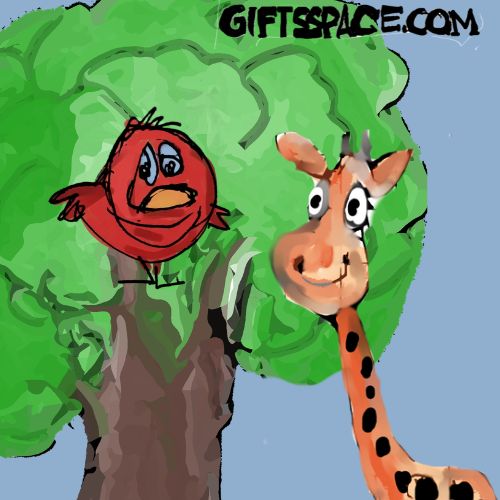 little giraffe meets the old bird on a tree illustration