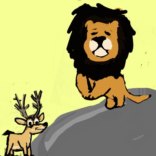 a little deer is befor a lion practicing yoga cartoon